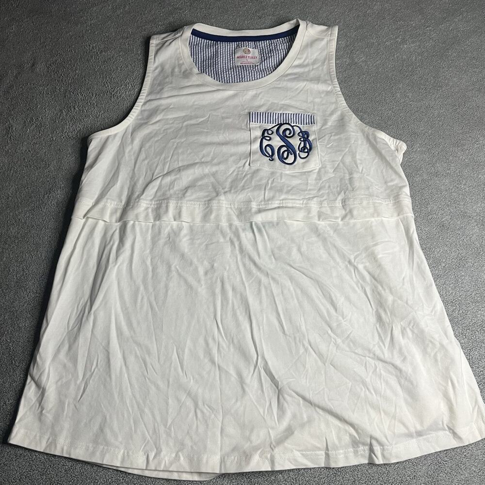 Marleylilly White Pocket Tank Top Size L Monogram Seersucker Trim Sleeveless Top